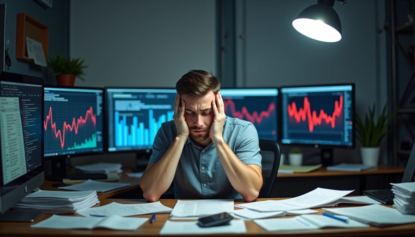 En frustrerad webbplatsägare sitter vid sitt röriga skrivbord med analytiska data.