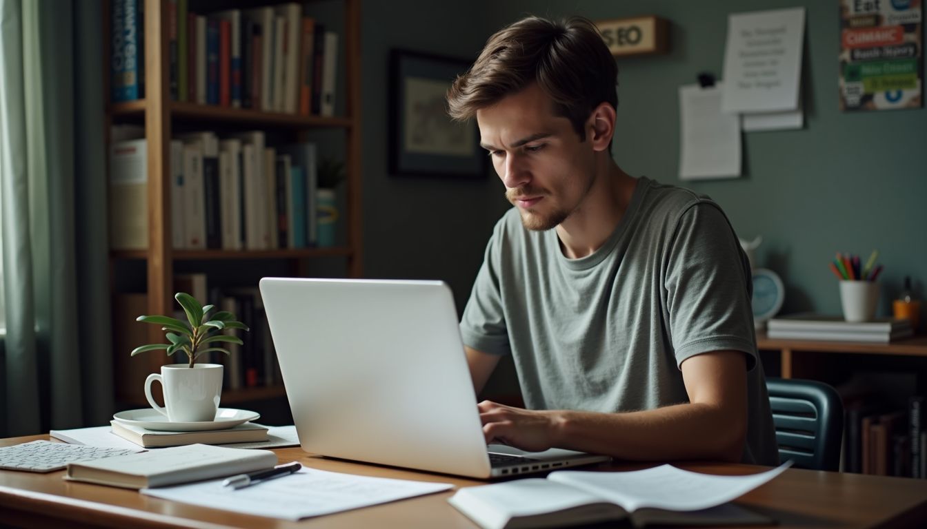 En person arbetar vid skrivbord med laptop och SEO-böcker.